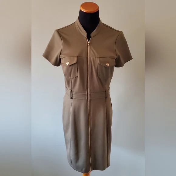 Guess Olive Green Zip-Front Short Sleeve Dress - Picture 4 of 10